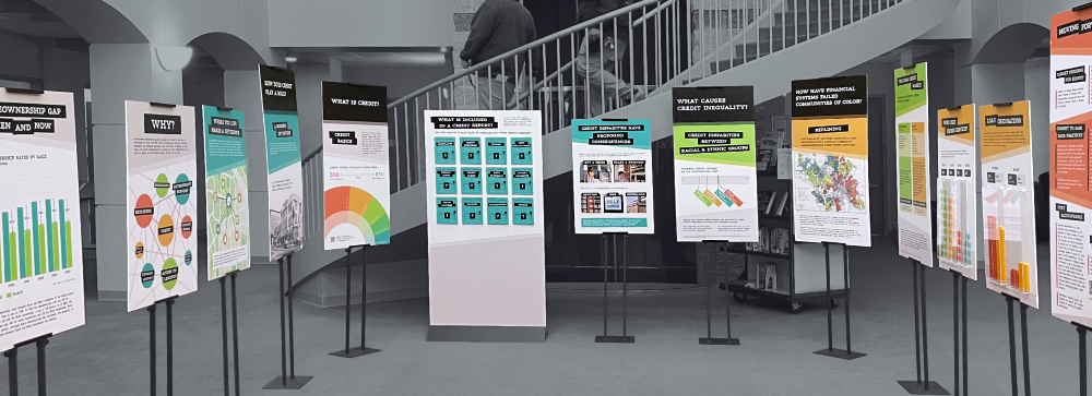 The "Credit Inequality" exhibit arranged in a semi-circle in a library lobby.