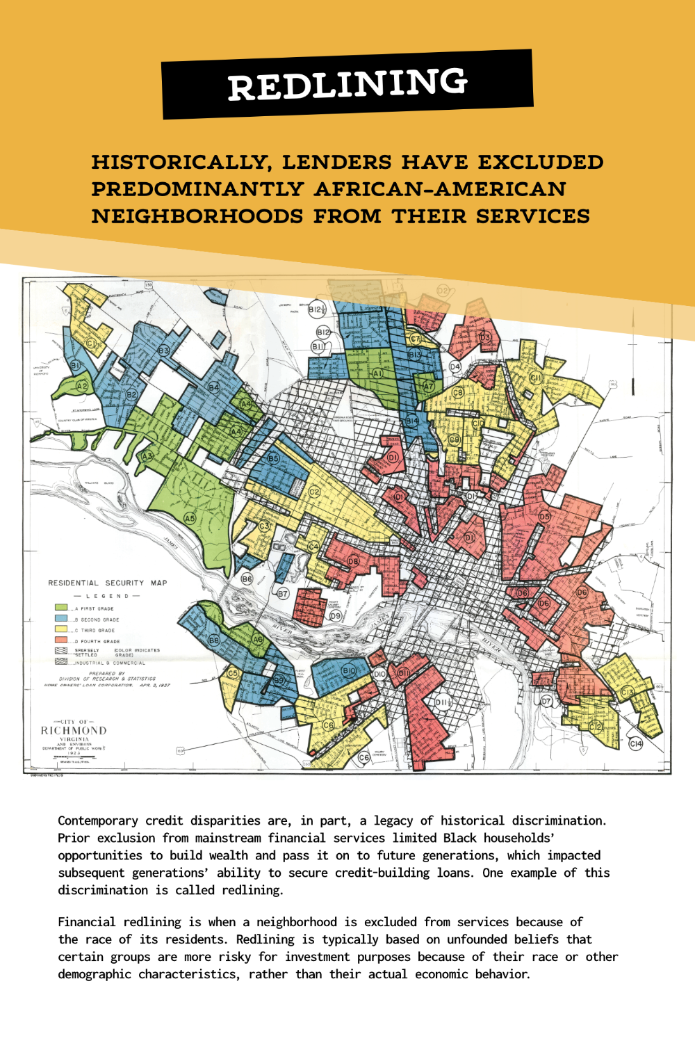 The historic HOLC map showing redlined neighborhoods in Richmond, Virginia.