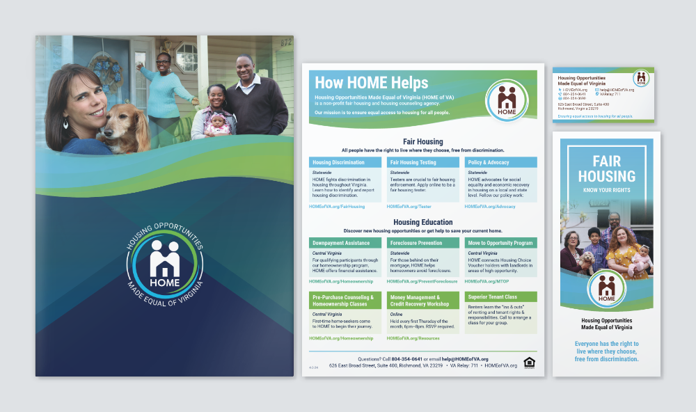 A spread of four of HOME's outreach materials against a gray backdrop.