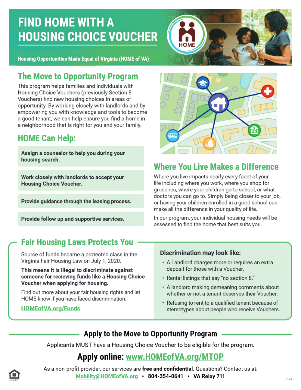 Flyer about finding a home with a Housing Choice Voucher featuring a mother and her two children.